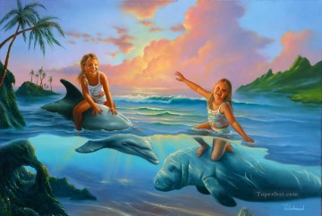  enfant - filles sur dauphin Dessin animé pour enfants